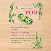 Cute Two Peas in A Pod Pink Girl Twins Baby Shower アクリル招待状 (正面)