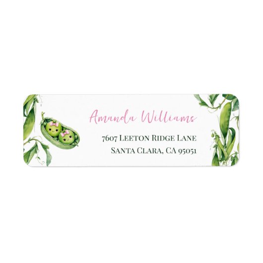 Cute Two Peas in A Pod Pink Girl Twins Baby Shower ラベル (正面)