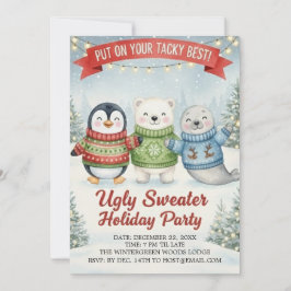 Cute Ugly Sweater Holiday Party Penguin Polar Bear 招待状