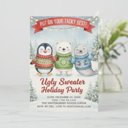 Cute Ugly Sweater Holiday Party Penguin Polar Bear 招待状 (スタンド正面)