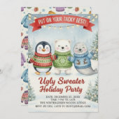 Cute Ugly Sweater Holiday Party Penguin Polar Bear 招待状 (正面/裏面)