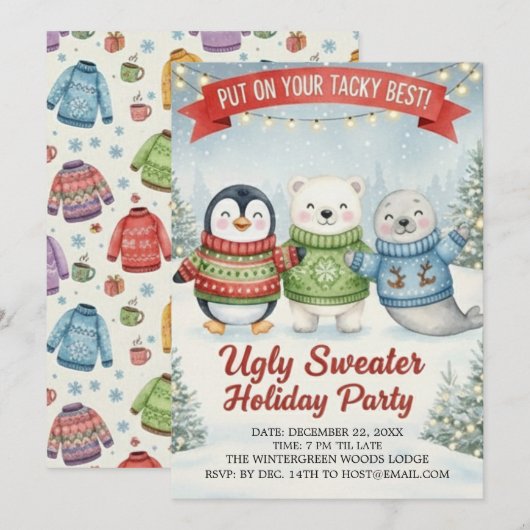 Cute Ugly Sweater Holiday Party Penguin Polar Bear 招待状 (正面/裏面)