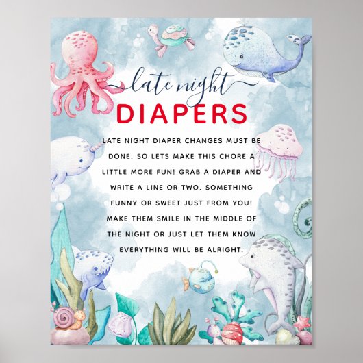 Cute Under the Sea Baby Shower 'Late Night Diaper' ポスター (正面)