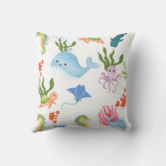 Cute Underwater Friends – Ocean Animals Pattern  クッション (裏面)