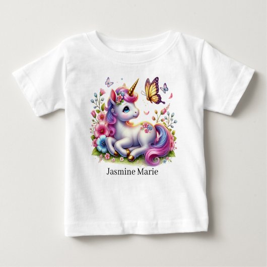 Cute unicorn add name fantasy Baby  ベビーTシャツ (正面)