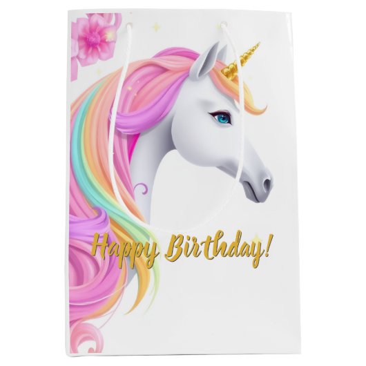 Cute Unicorn Birthday Gift Bag ミディアムペーパーバッグ (正面)