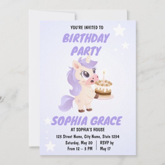 Cute Unicorn Birthday Invitation 招待状 (正面)