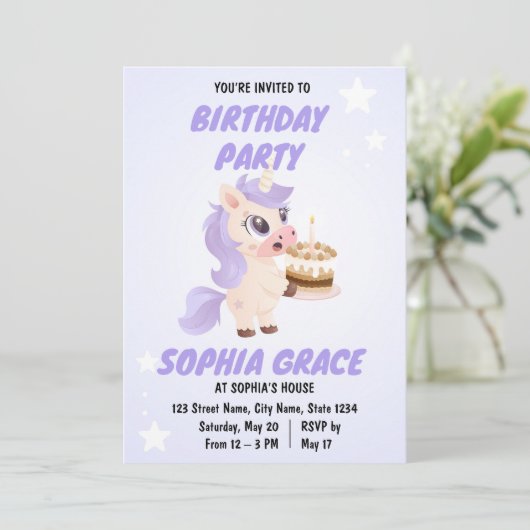Cute Unicorn Birthday Invitation 招待状 (スタンド正面)