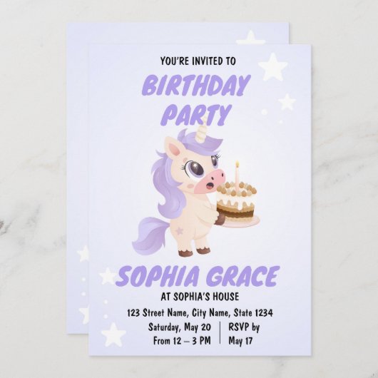 Cute Unicorn Birthday Invitation 招待状 (正面/裏面)