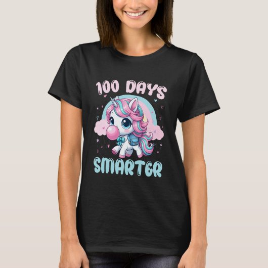 Cute Unicorn Blowing Bubble Gum 100 Days Smarter S Tシャツ (正面)