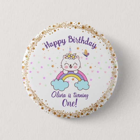 Cute Unicorn Cat Rainbow Stars Girl 1st Birthday  缶バッジ (正面)
