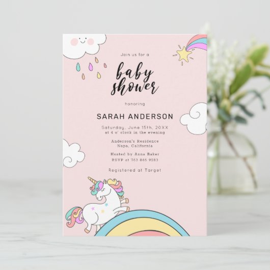 Cute Unicorn Doodle Baby Shower Invitation 招待状 (スタンド正面)