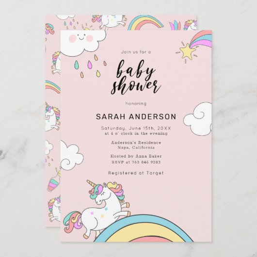 Cute Unicorn Doodle Baby Shower Invitation 招待状 (正面/裏面)
