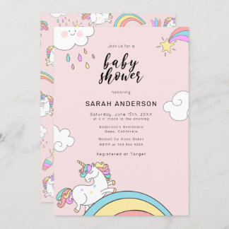 Cute Unicorn Doodle Baby Shower Invitation 招待状