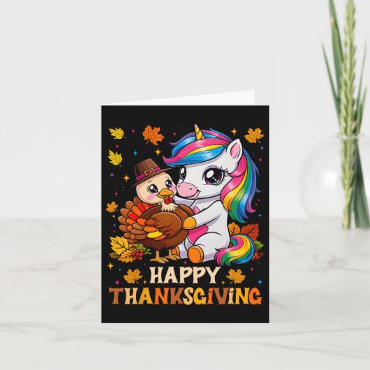 Cute Unicorn Hugs Turkey Happy Thanksgiving Girls  カード (正面)