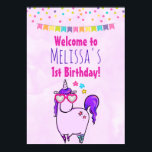 Cute Unicorn in Heart Shaped Glasses Birthday ポスター<br><div class="desc">Birthday poster with a whimsical drawing of a cool and funky pink chubby unicorn which has a purple mane and tale. This cute creature is wearing heart-shaped sunglasses and is decorated with little stars. Pink watercolor background. Colorful confetti and a bunting banner across the top.</div>