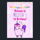 Cute Unicorn in Heart Shaped Glasses Birthday ポスター<br><div class="desc">Birthday poster with a whimsical drawing of a cool and funky pink chubby unicorn which has a purple mane and tale. This cute creature is wearing heart-shaped sunglasses and is decorated with little stars. Pink watercolor background. Colorful confetti and a bunting banner across the top.</div>