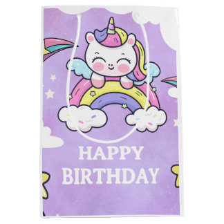 Cute Unicorn Rainbow Birthday Invitation  Medium G ミディアムペーパーバッグ