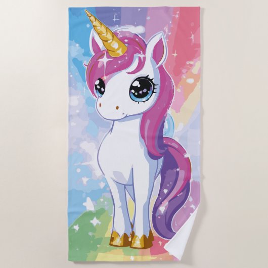 Cute Unicorn Rainbow Fantasy Illustration ビーチタオル (正面)