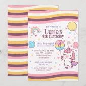 Cute Unicorn Rainbow Girl 4th Birthday Party 招待状 (正面/裏面)