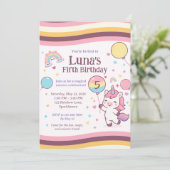 Cute Unicorn Rainbow Girl Fifth Birthday Party 招待状 (スタンド正面)