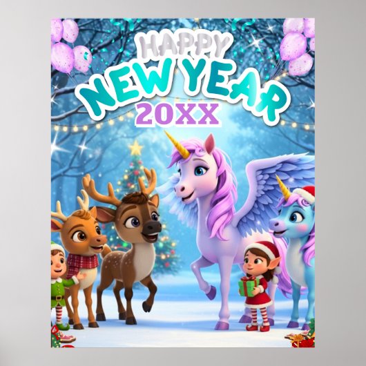 Cute Unicorn & Reindeer New Year Poster for Kids ポスター (正面)