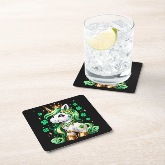 Cute Unicorn Shamrock St Patricks Day スクエアペーパーコースター (インサイチュ)