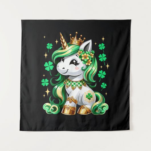 Cute Unicorn Shamrock St Patricks Day タペストリー (正面)