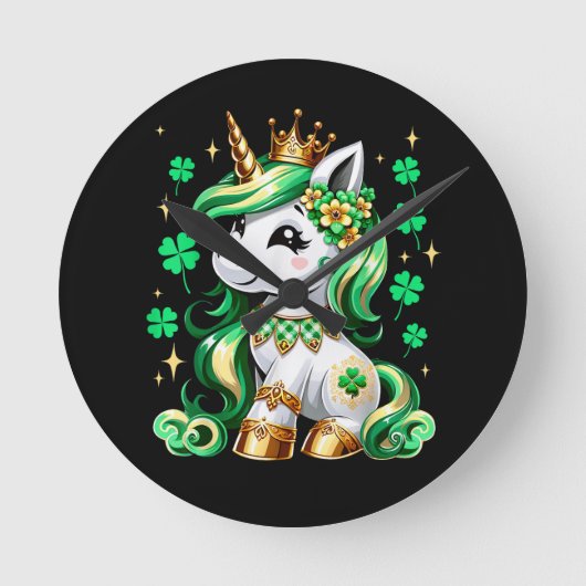 Cute Unicorn Shamrock St Patricks Day  ラウンド壁時計 (正面)