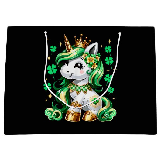 Cute Unicorn Shamrock St Patricks Day ラージペーパーバッグ (正面)