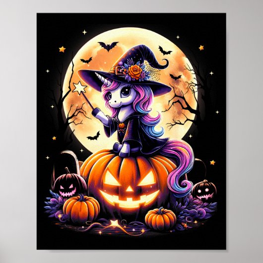Cute Unicorn Witch Pumpkin Halloween Shirts Girls  ポスター (正面)