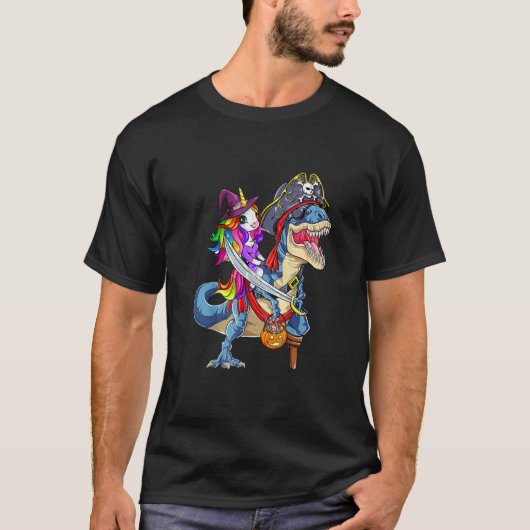 Cute Unicorn Witch Riding Dinosaur Pumpkin Hallowe Tシャツ (正面)