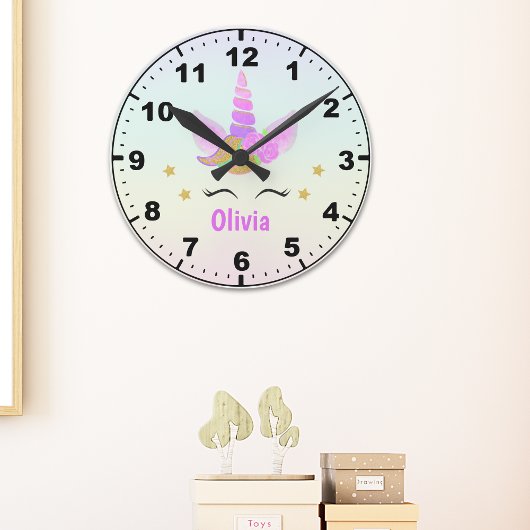 Cute Unicorn with Magic Rainbow Room Girl  ラウンド壁時計