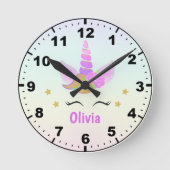 Cute Unicorn with Magic Rainbow Room Girl  ラウンド壁時計 (正面)