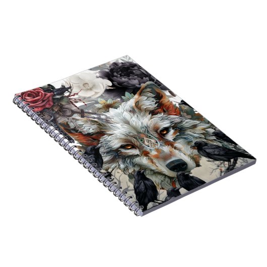 Cute Unique Boho Wolf Raven & Florals Notebook ノートブック (右側)
