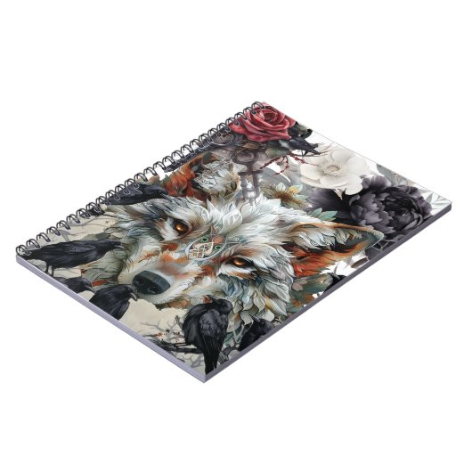 Cute Unique Boho Wolf Raven & Florals Notebook ノートブック (左側)