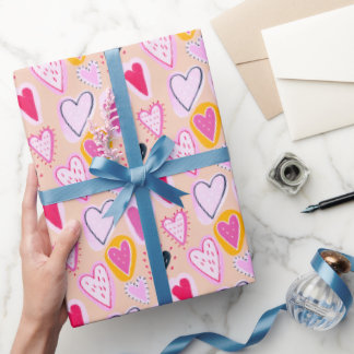 Cute Valentine & Birthday Hearts Doodle Pink ラッピングペーパー