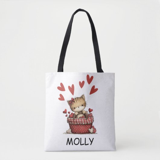 Cute Valentine Cat with Hearts Personalized トートバッグ (正面)