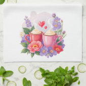 Cute Valentine Cocoa Mugs with Flowers & Hearts キッチンタオル (折り畳み)