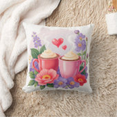 Cute Valentine Cocoa Mugs with Flowers & Hearts クッション (ブランケット)