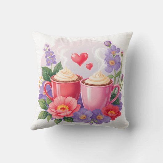 Cute Valentine Cocoa Mugs with Flowers & Hearts クッション (裏面)