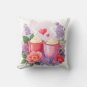 Cute Valentine Cocoa Mugs with Flowers & Hearts クッション (正面)
