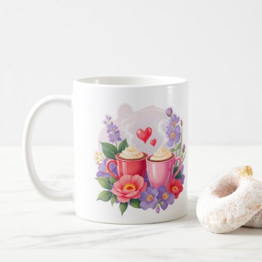 Cute Valentine Cocoa Mugs with Flowers & Hearts コーヒーマグカップ (ドーナツ)