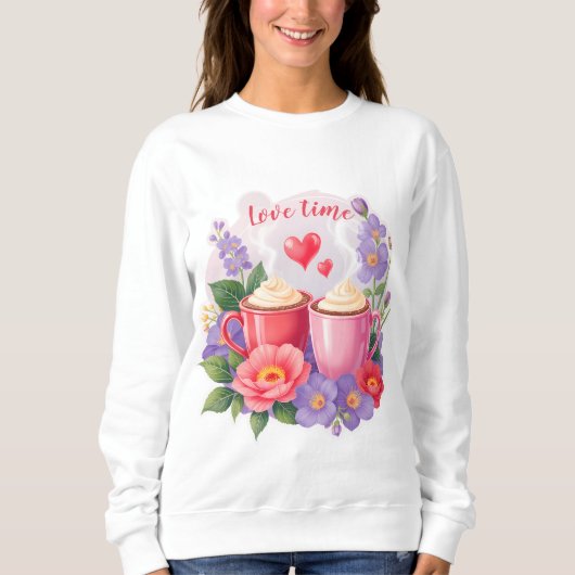 Cute Valentine Cocoa Mugs with Flowers & Hearts スウェットシャツ (正面)