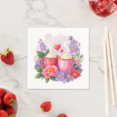 Cute Valentine Cocoa Mugs with Flowers & Hearts スタンダードカクテルナプキン (インサイチュ)