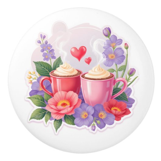 Cute Valentine Cocoa Mugs with Flowers & Hearts セラミックノブ (正面)