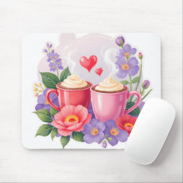 Cute Valentine Cocoa Mugs with Flowers & Hearts マウスパッド