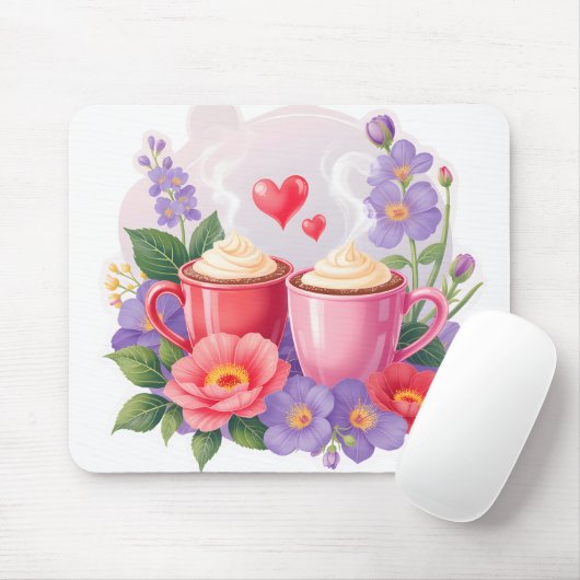 Cute Valentine Cocoa Mugs with Flowers & Hearts マウスパッド (マウス)