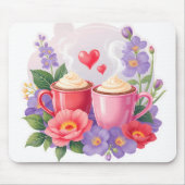 Cute Valentine Cocoa Mugs with Flowers & Hearts マウスパッド (正面)