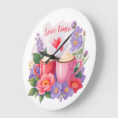 Cute Valentine Cocoa Mugs with Flowers & Hearts ラージ壁時計 (傾斜)